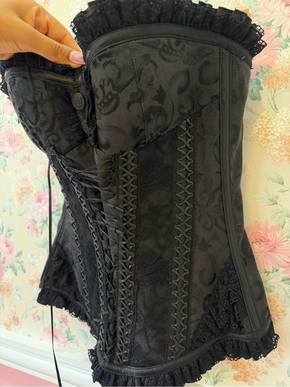 American Vintage Black Lace-Up Brocade Bustier Corset - Picture 2 of 8